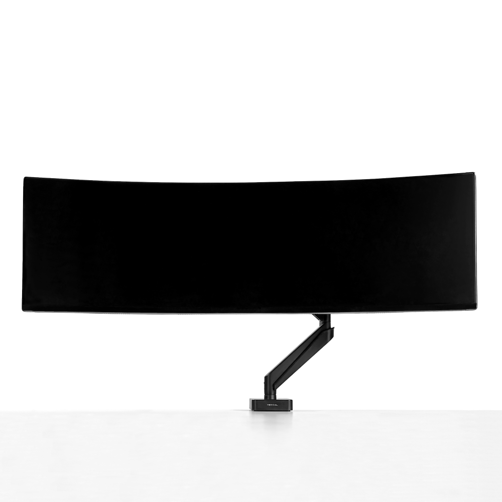 A black curved monitor mounted on a sturdy white surface, supported by Hexcal heavy-duty monitor arm for stability and adjustment.