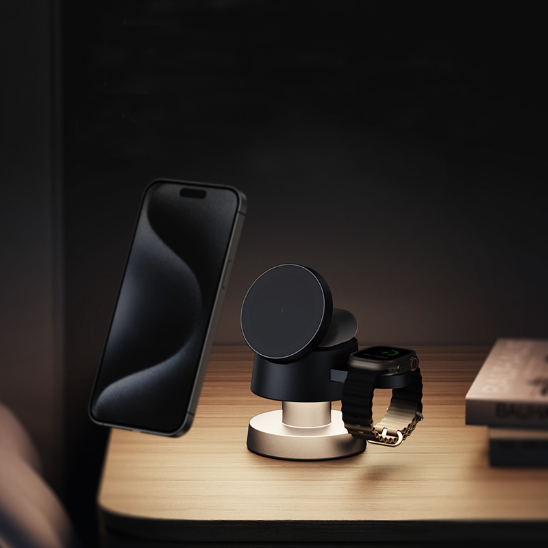 Create a cozy atmosphere with the adjustable light modes of the Hexcal Wireless Charging Station, ideal for nightstands or desks.