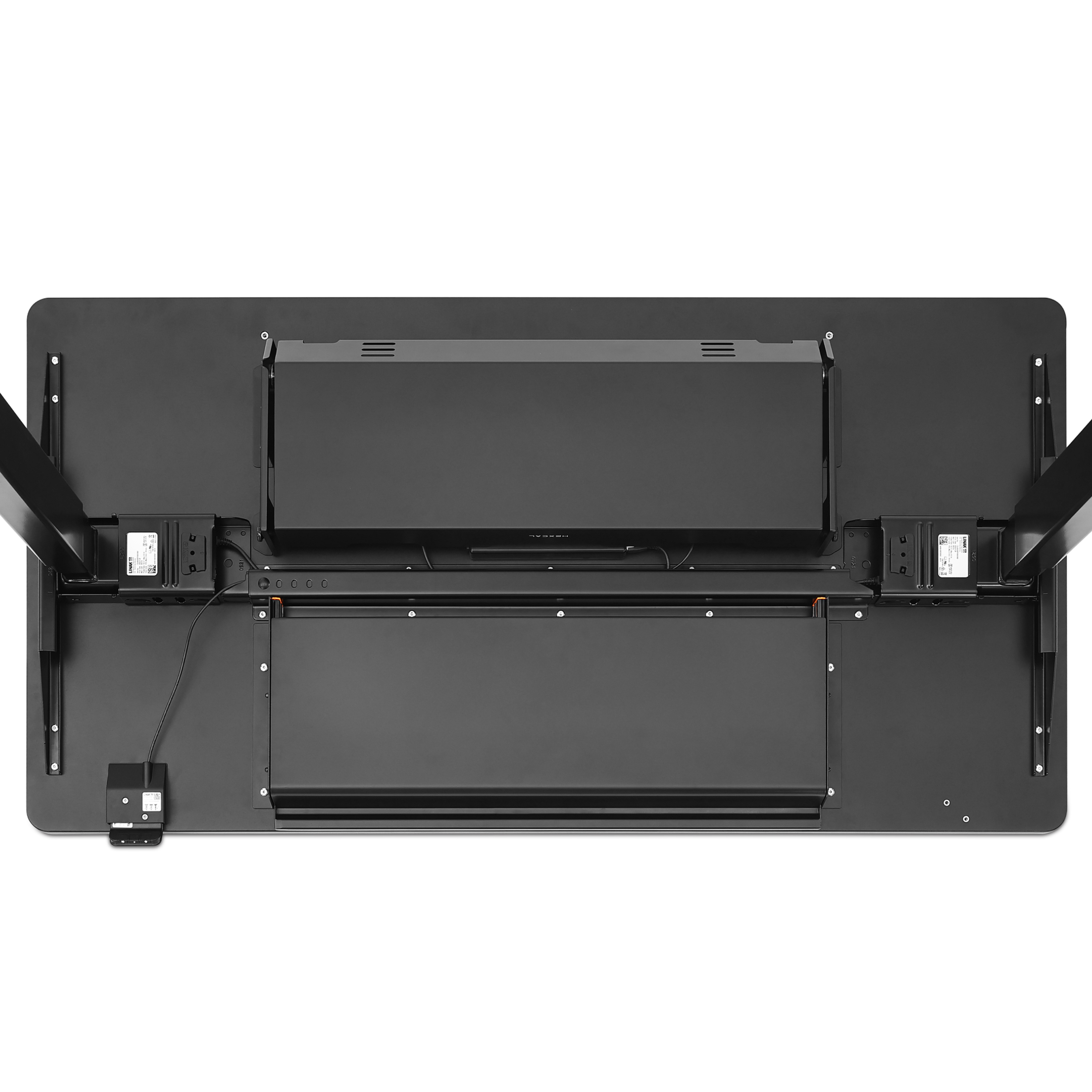 Hexcal standing desk modular system, featuring the Under Desk Drawer for storage and Cable Management Tray for a tidy setup.